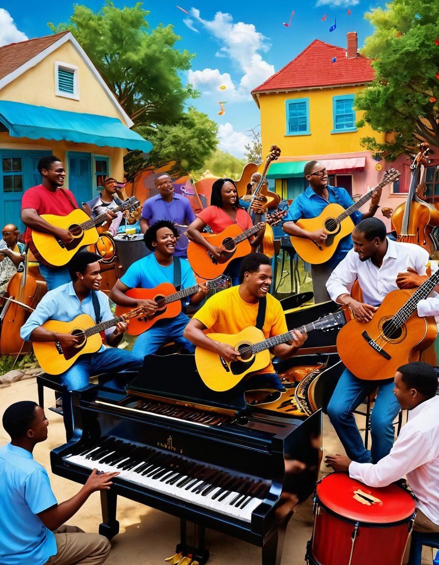A colorful scene depicting diverse musicians collaborating in a community setting, surrounded by various instruments like guitars, pianos, and drums. Include vibrant notes and musical symbols swirling around them, symbolizing creativity and unity. Capture laughter and joy on their faces while they compose together under a bright sky. super-realistic. vibrant colors. 3D.