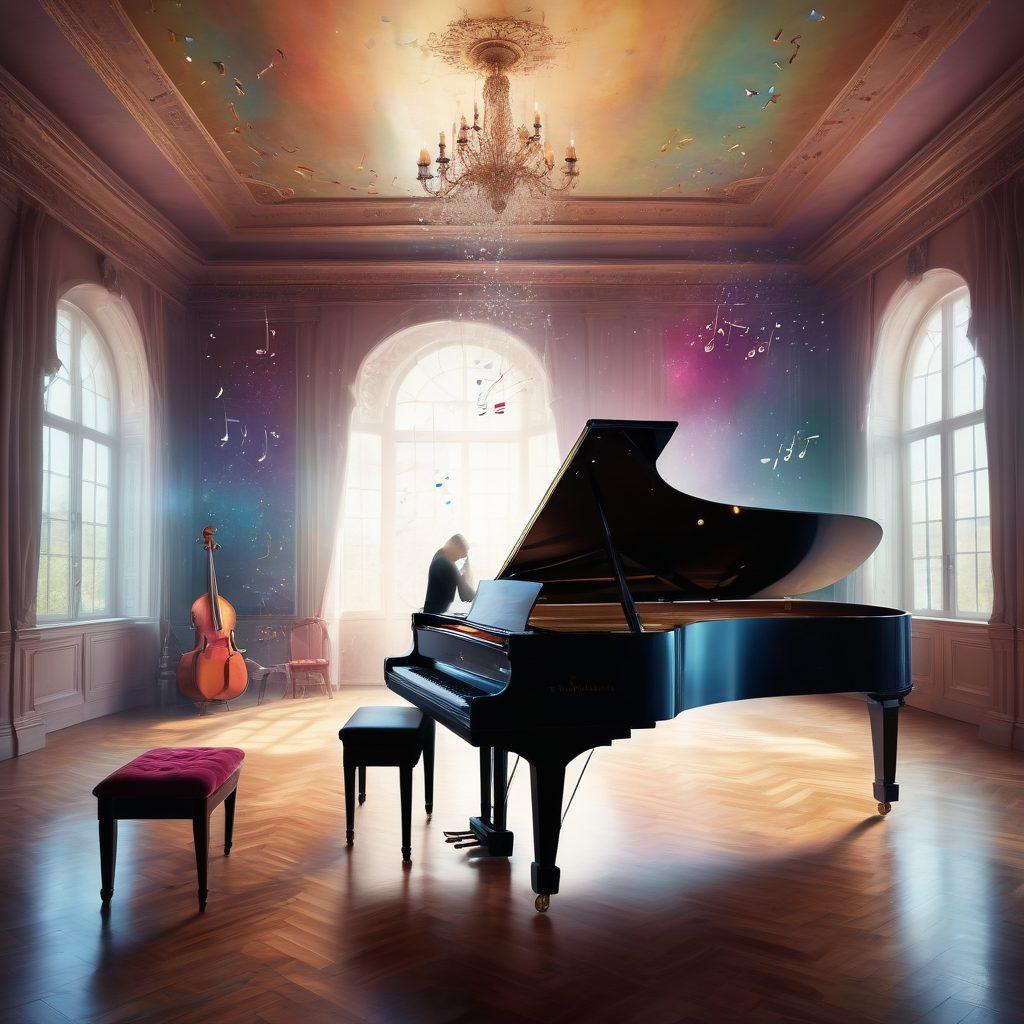 An ethereal scene of a gifted composer surrounded by floating musical notes and colorful sound waves, with elegant instruments like a grand piano, violin, and guitar in the background. The composer is in a state of bliss, immersed in creativity, with a soft glow illuminating the space. The ambiance reflects a harmonious blend of dreams and reality. surrealistic, vibrant colors, dreamlike atmosphere.