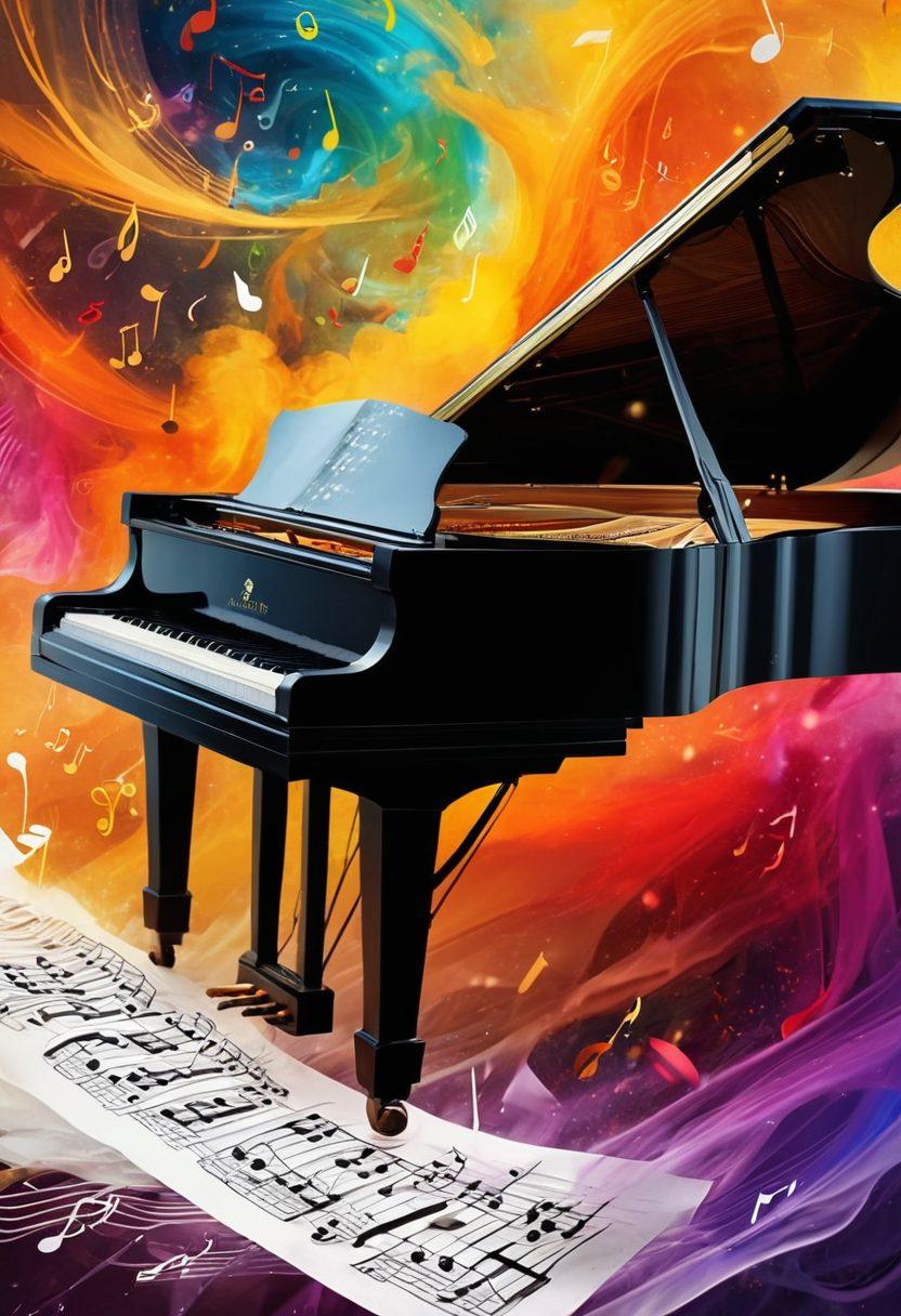 A passionate musician lost in the moment, surrounded by musical notes swirling around like ethereal wisps. A vibrant mix of classic instruments such as a grand piano, violin, and trumpet populate the scene while colorful sound waves ripple through the air. Capture the fusion of music theory with raw emotion as the backdrop features abstract representations of sheet music flowing into a lively performance. super-realistic. vibrant colors. dynamic composition.